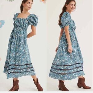 Mi Golondrina Elena Floral Midi Dress Sirena Turquesa- XS